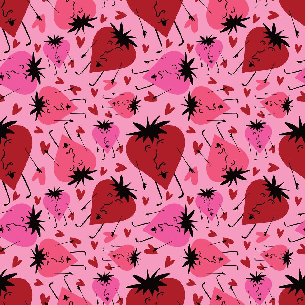 Bright Valentines Day seamless pattern with freaky hearts. vector