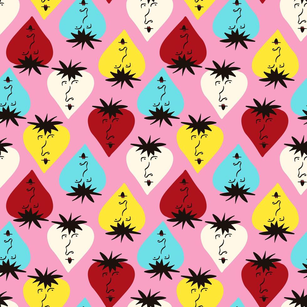 Valentines Day pattern with ugly funky hearts. Groovy cute love characters. Vector illustration in doodle style