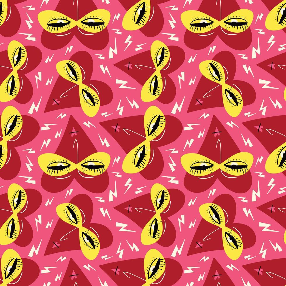 Bright Valentines Day seamless pattern with cool freaky hearts. vector