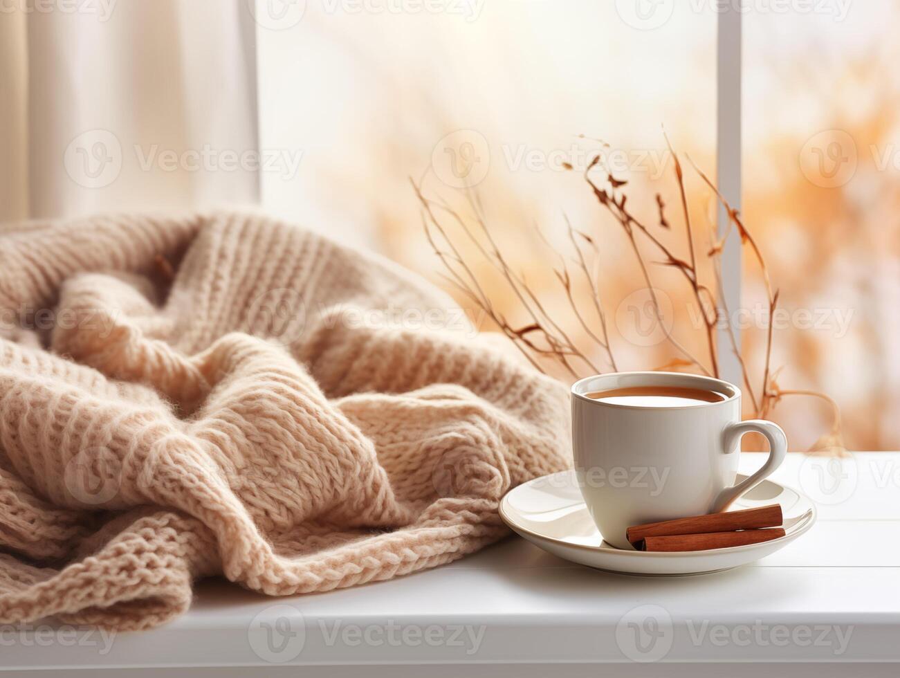 AI generated Cozy and festive atmosphere.A warm, inviting winter atmosphere, coffe, candles and a comfy blanket by the window. photo