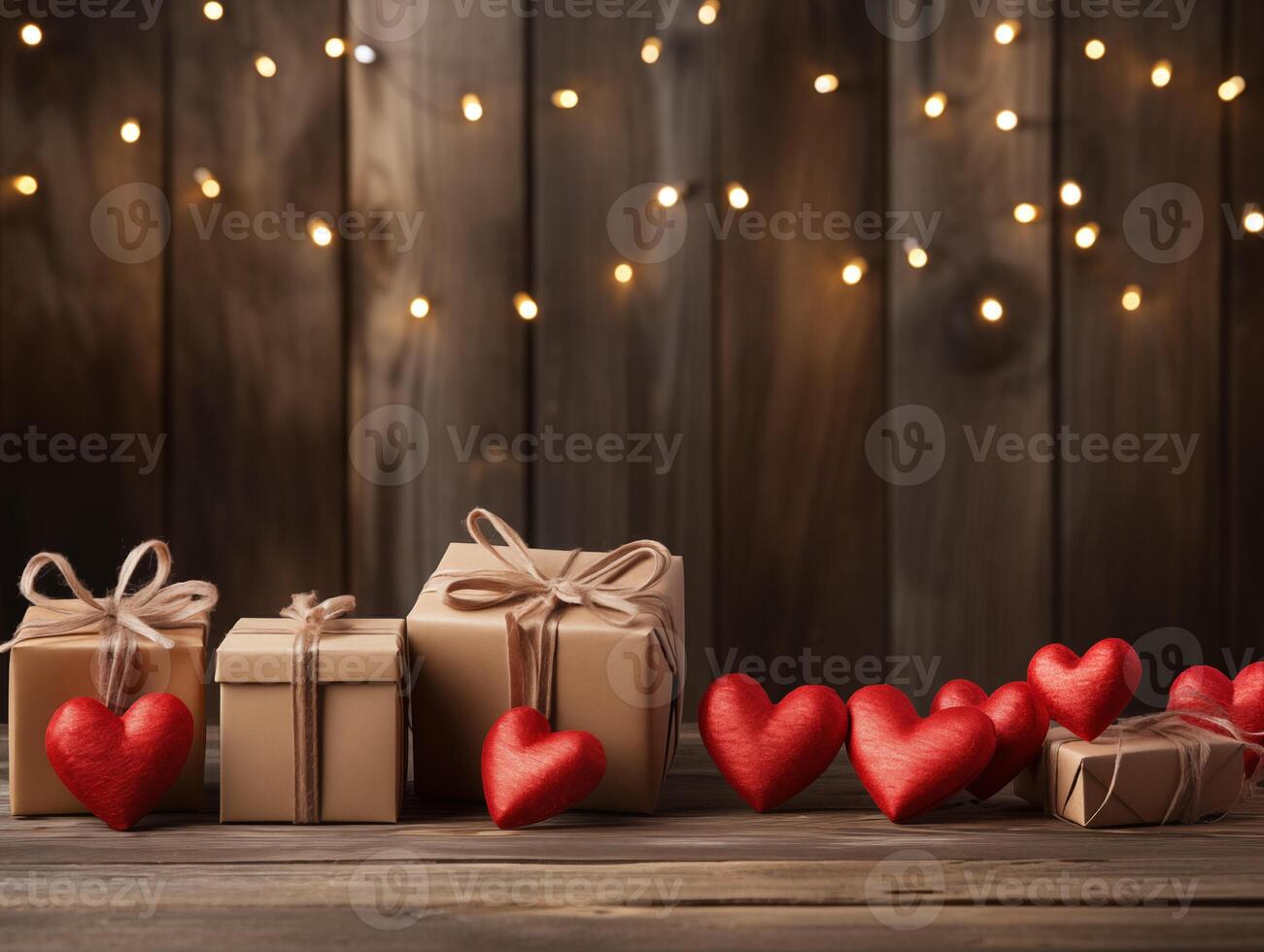 AI generated Valentine's day red hearts and gift boxes, banner with copyspace, love background concept, blank space, flat lay with space for text photo