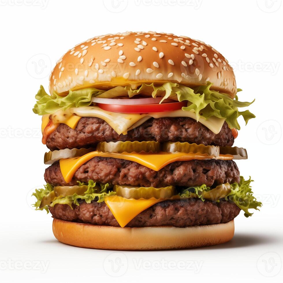 AI generated Double decker burger with all the classic fixings, including lettuce, tomato, cheese, and condiments. Tasty burger isolted on white background. Banner, ptomotion, menu photo