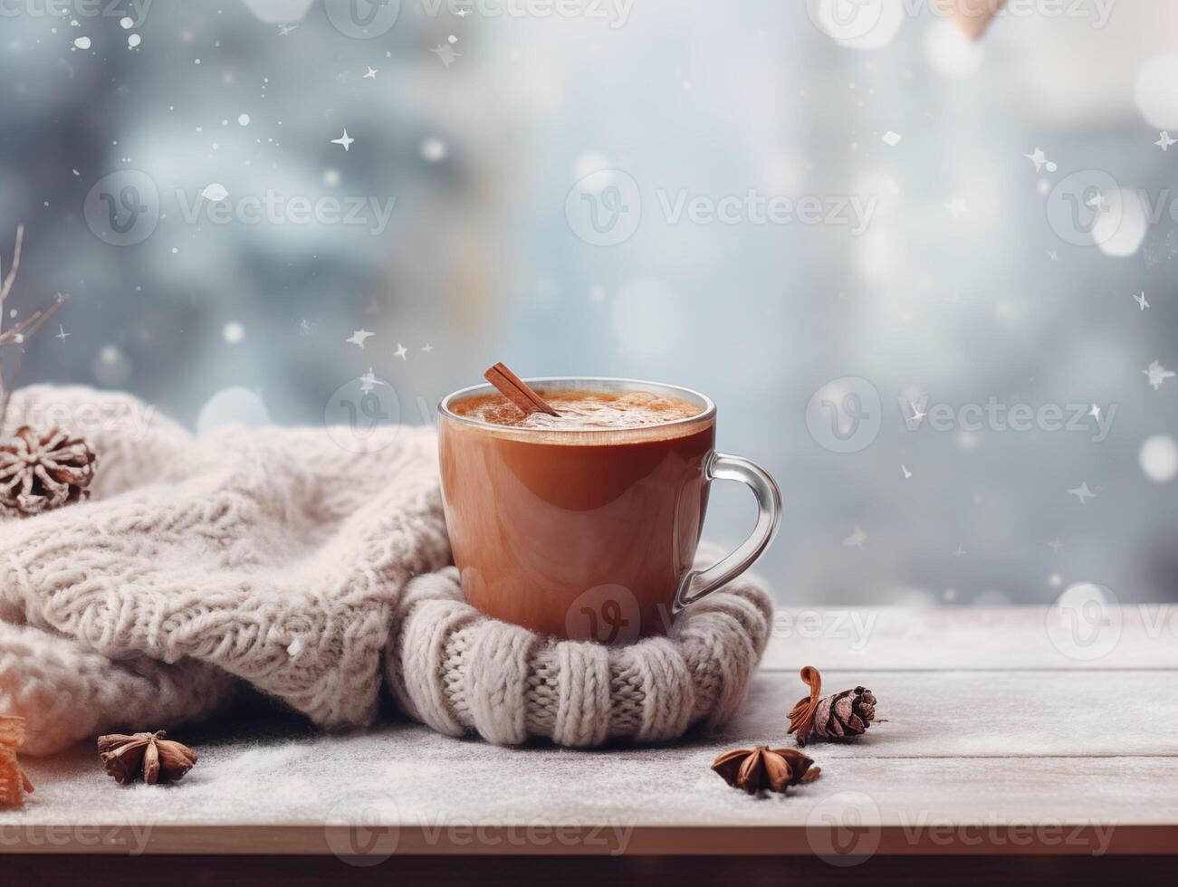 AI generated Cozy and festive atmosphere.A warm, inviting winter atmosphere, coffe, candles and a comfy blanket by the window. photo