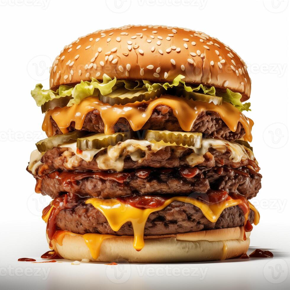 AI generated Double decker burger with all the classic fixings, including lettuce, tomato, cheese, and condiments. Tasty burger isolted on white background. Banner, ptomotion, menu photo