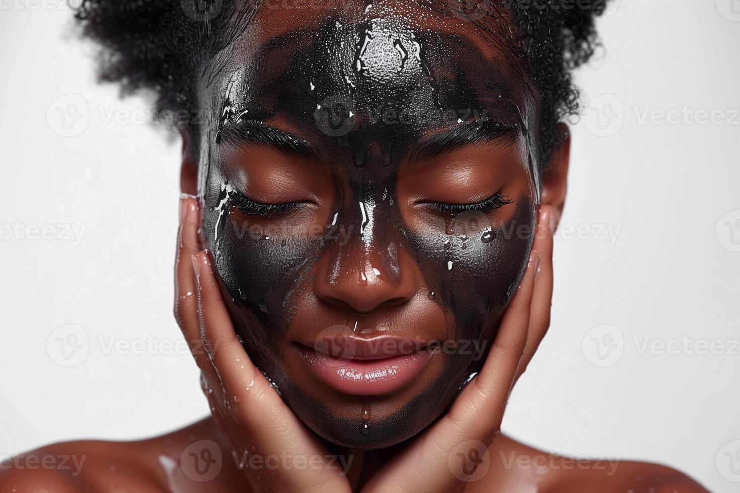 AI generated Black woman applying charcoal face mask, wellness skin care. Macro water drops falling down on her face. Close-up of the face of a beautiful African American woman. Aesthetic Procedure photo