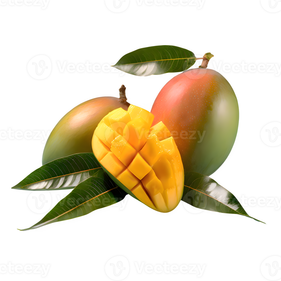 AI generated King of fruits, mango fruit and sliced with leaves isolated on transparent background png