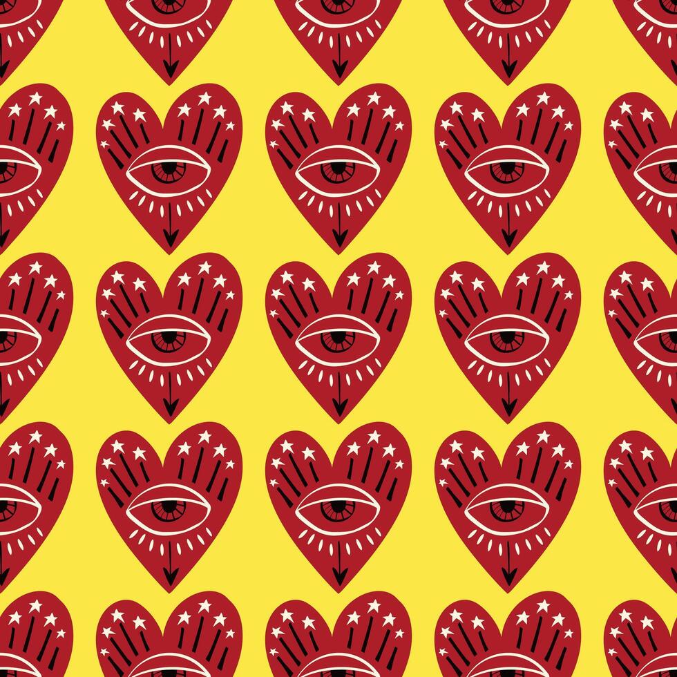 Red and yellow Valentines Day seamless pattern with magical hearts. vector