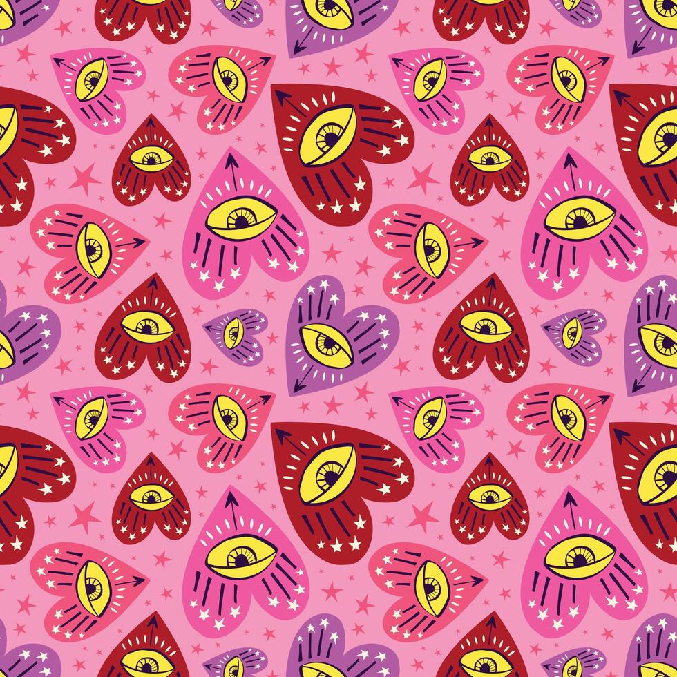 Bright vivid Valentines Day seamless pattern with magical hearts. vector