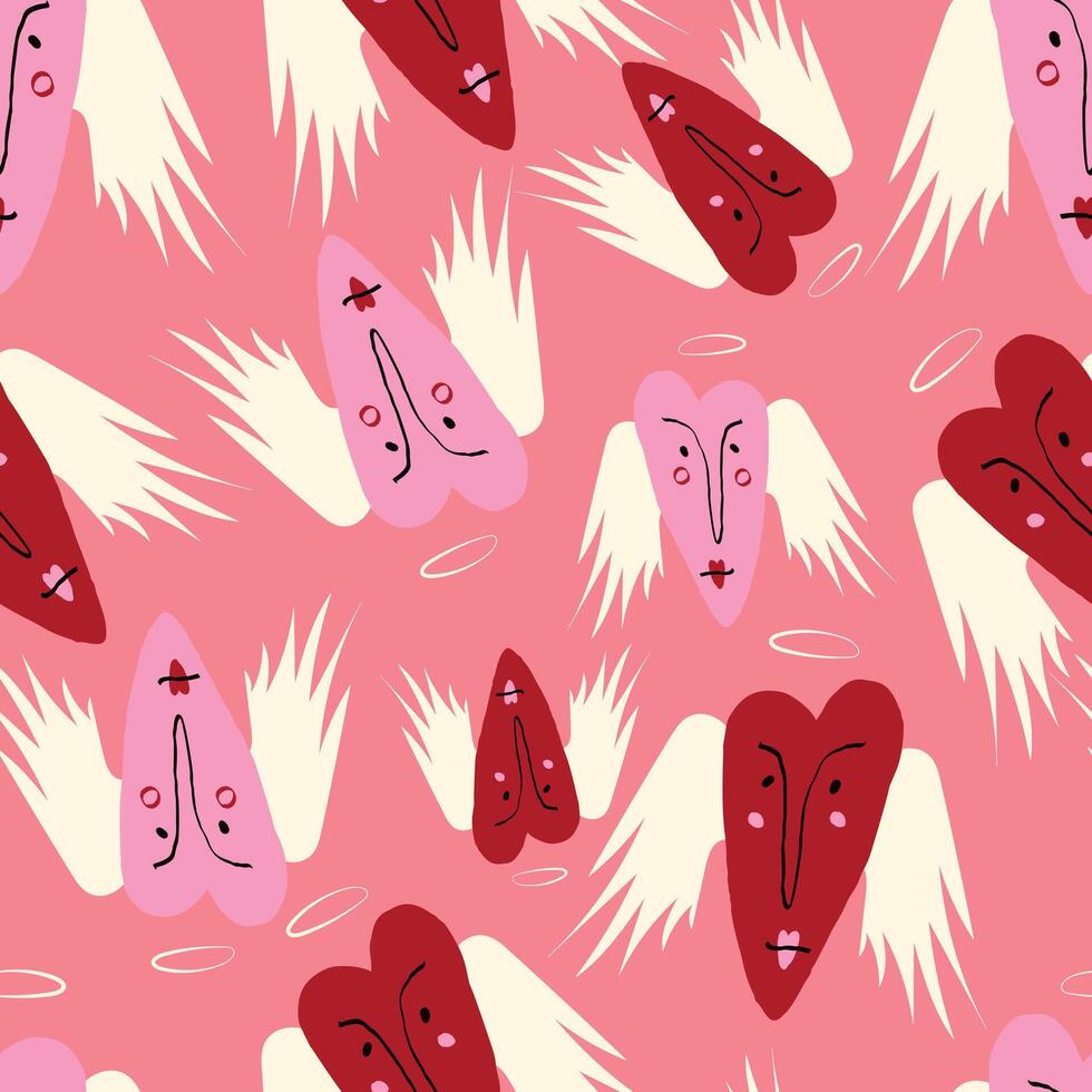 Bright Valentines Day seamless pattern with cool angels hearts. vector