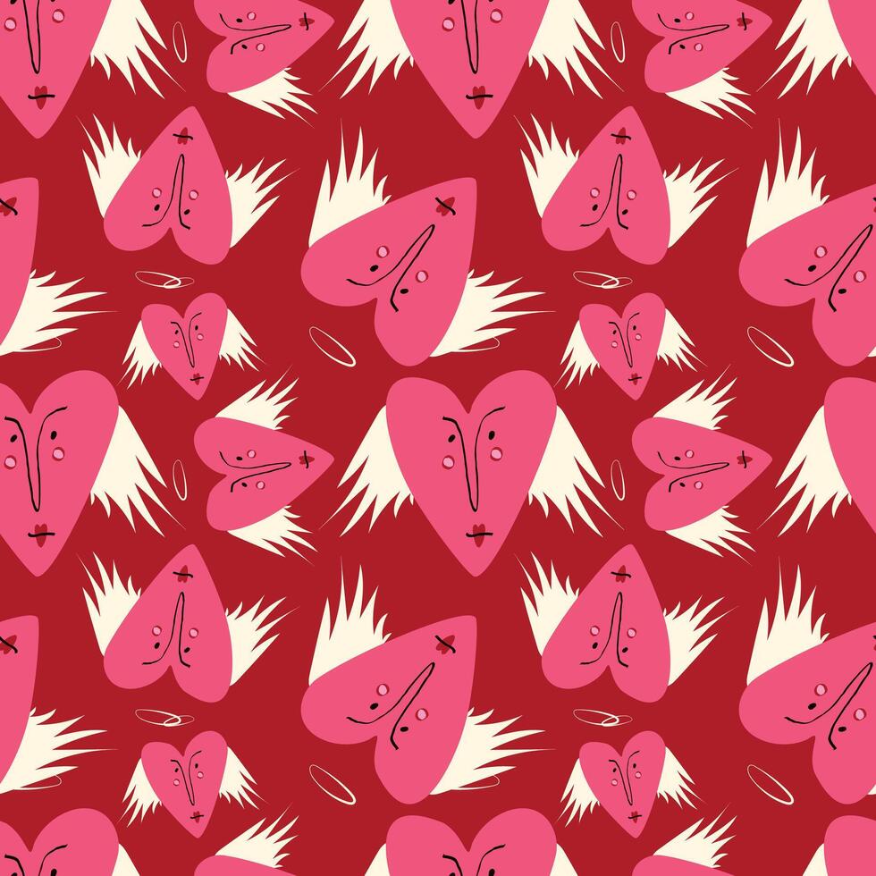 Bright Valentines Day seamless pattern with cool angels hearts. vector