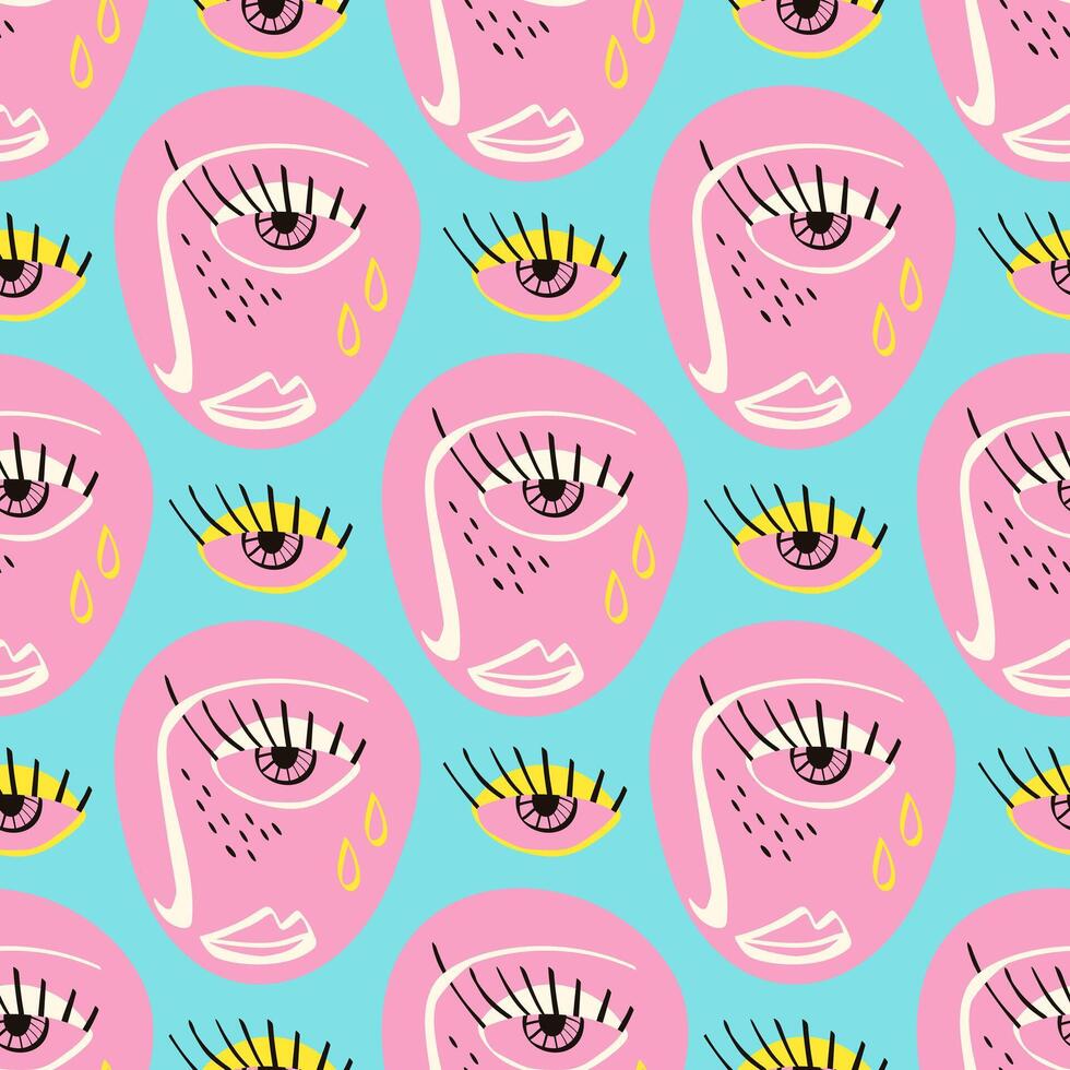 Blue Pink Aesthetics sad faces pattern. Funky Bizarre face background vector