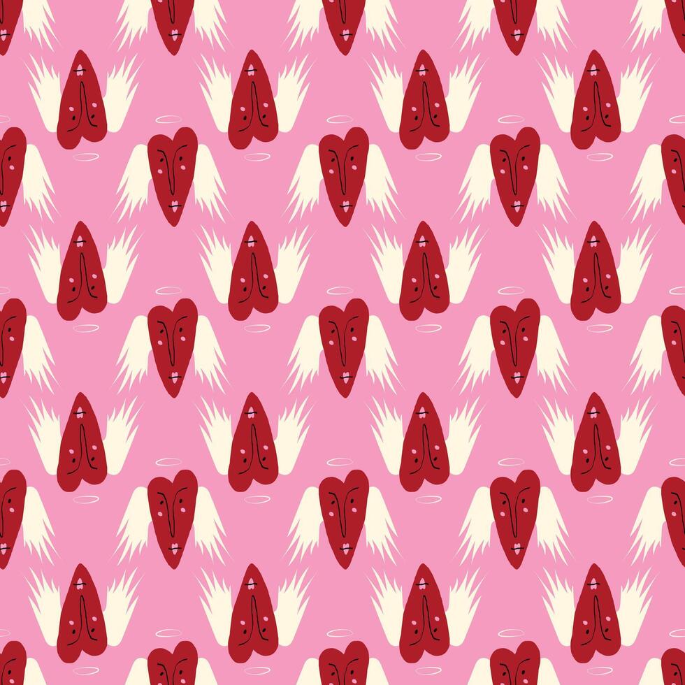Bright Valentines Day seamless pattern with cool angels hearts. vector