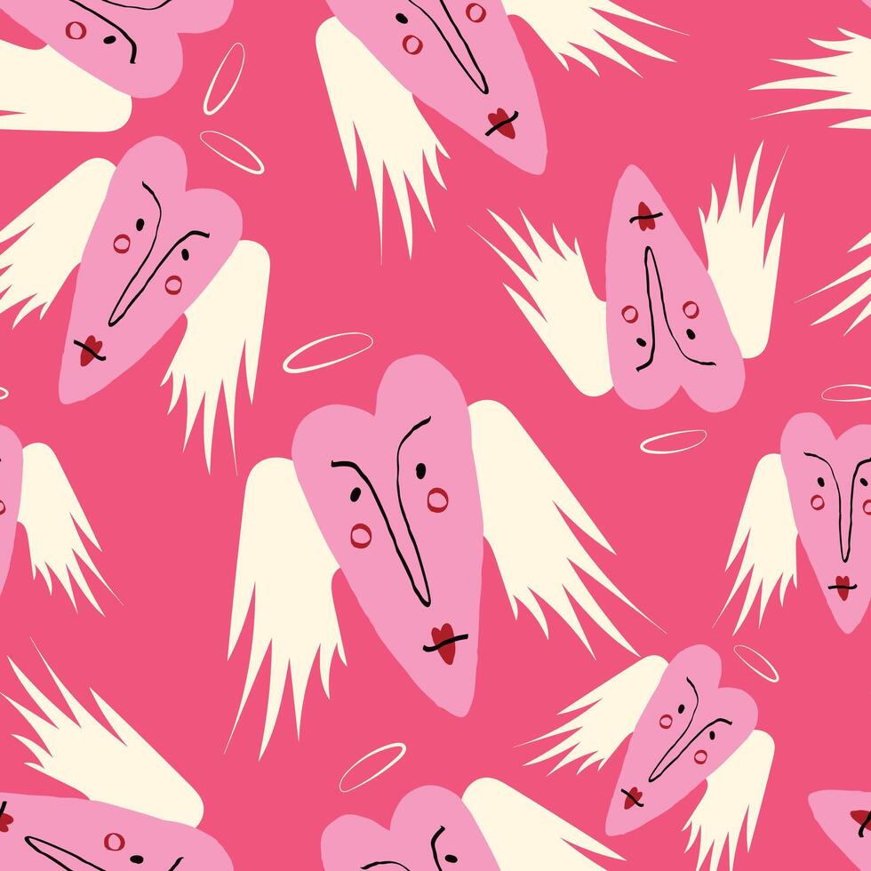 Bright Valentines Day seamless pattern with cool angels hearts. vector
