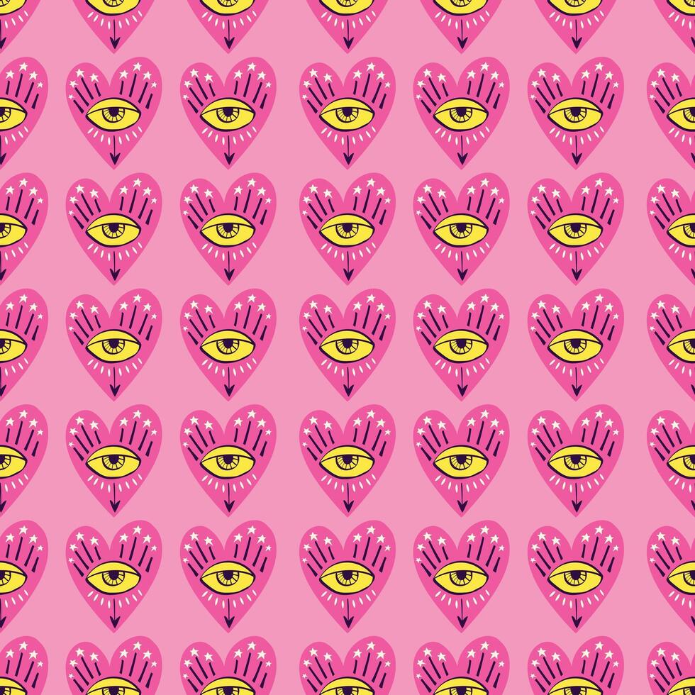 Bright vivid Valentines Day seamless pattern with magical hearts. vector