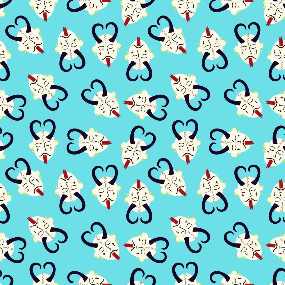 Pattern of Funky demon head with a creepy ugly face. Freaky comic demon with horns. Vector illustration doodle style