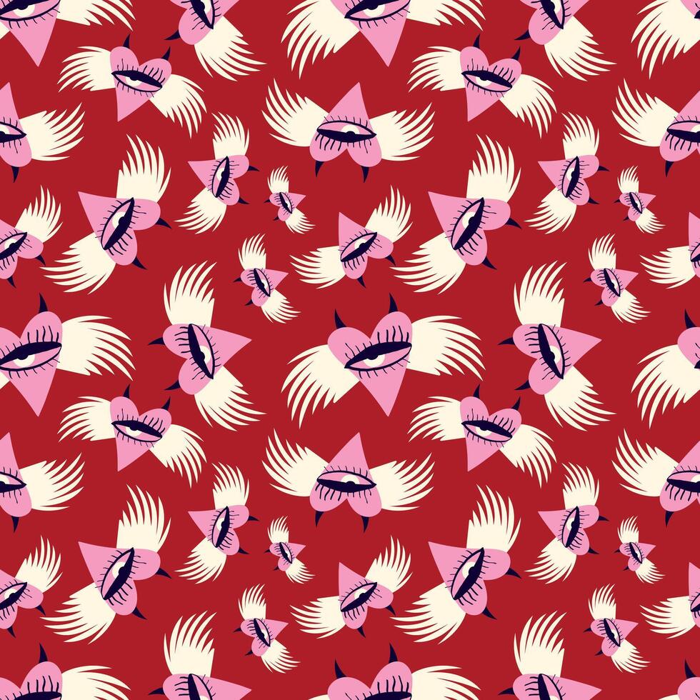 Red Valentine's Day pattern with strange hearts. A pattern of devilish love hearts. vector