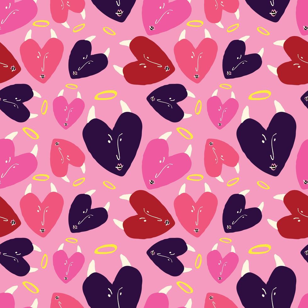 Bright Valentine's Day pattern with strange hearts. A pattern of devilish love hearts. vector