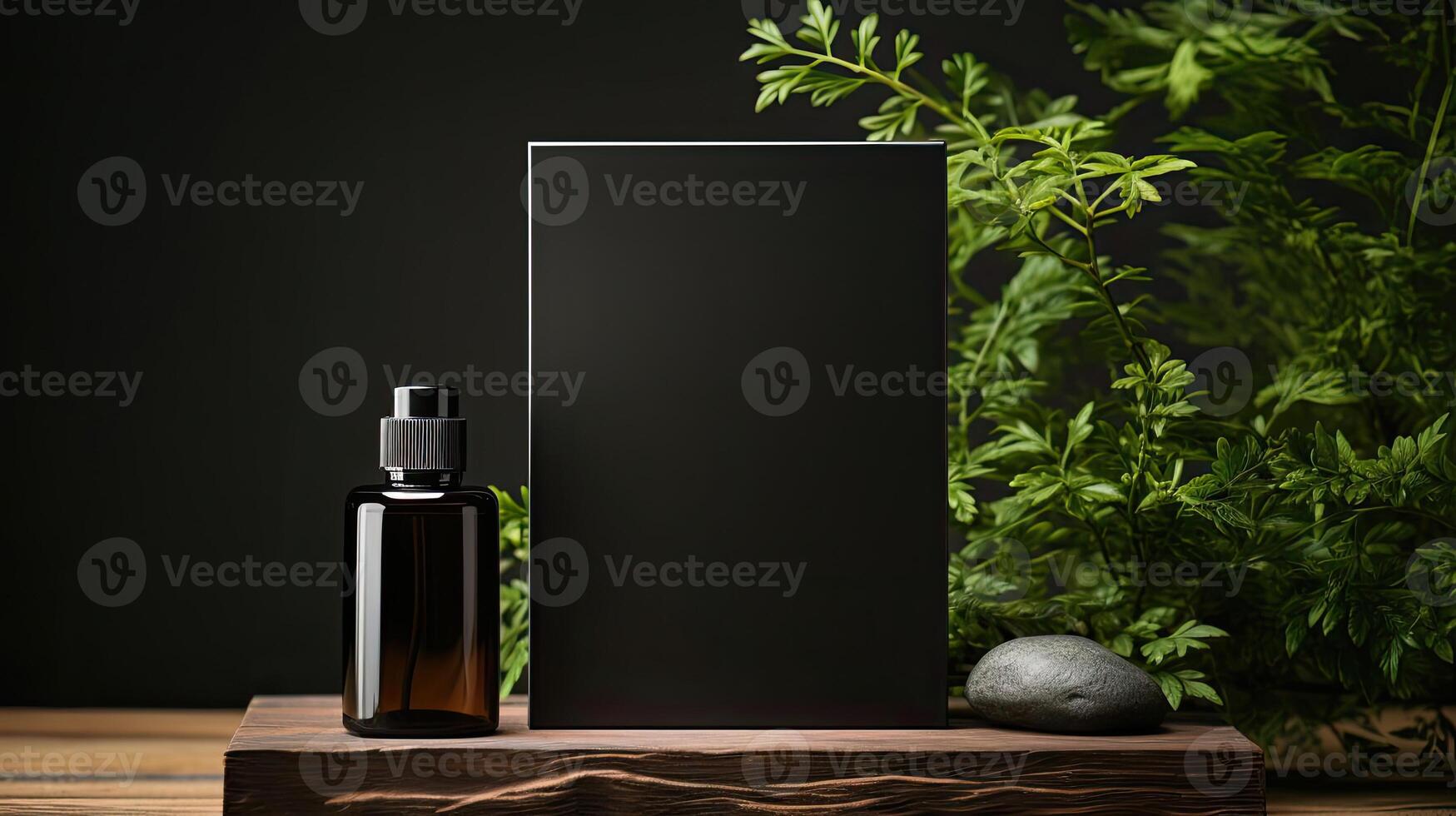 AI generated perfume bottle on wooden table with plant background for mockup design, AI Generated photo