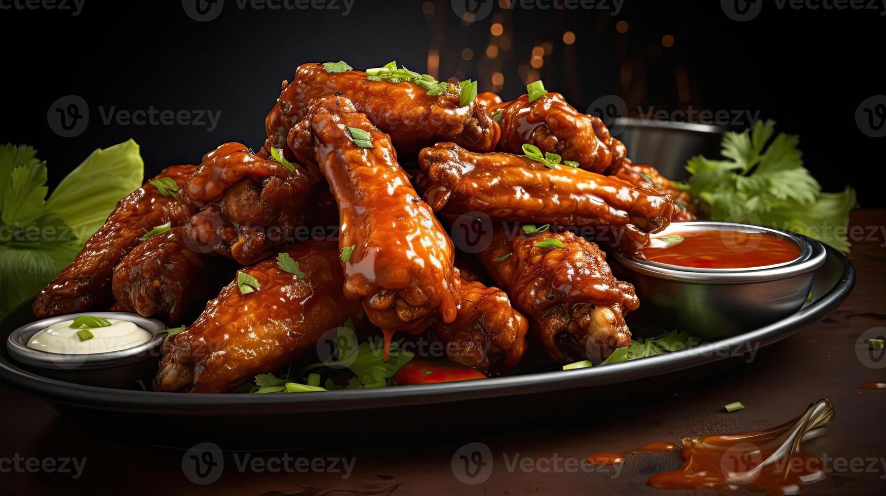 AI generated Closeup Buffalo wings with melted hot sauce on a wooden table with a blurred background photo