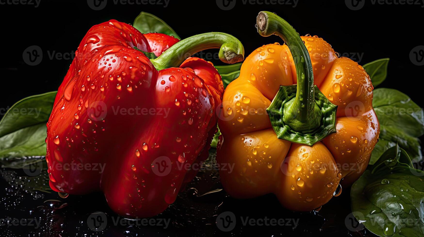 AI generated fresh bell peppers on a wooden table on a black background, AI Generated photo