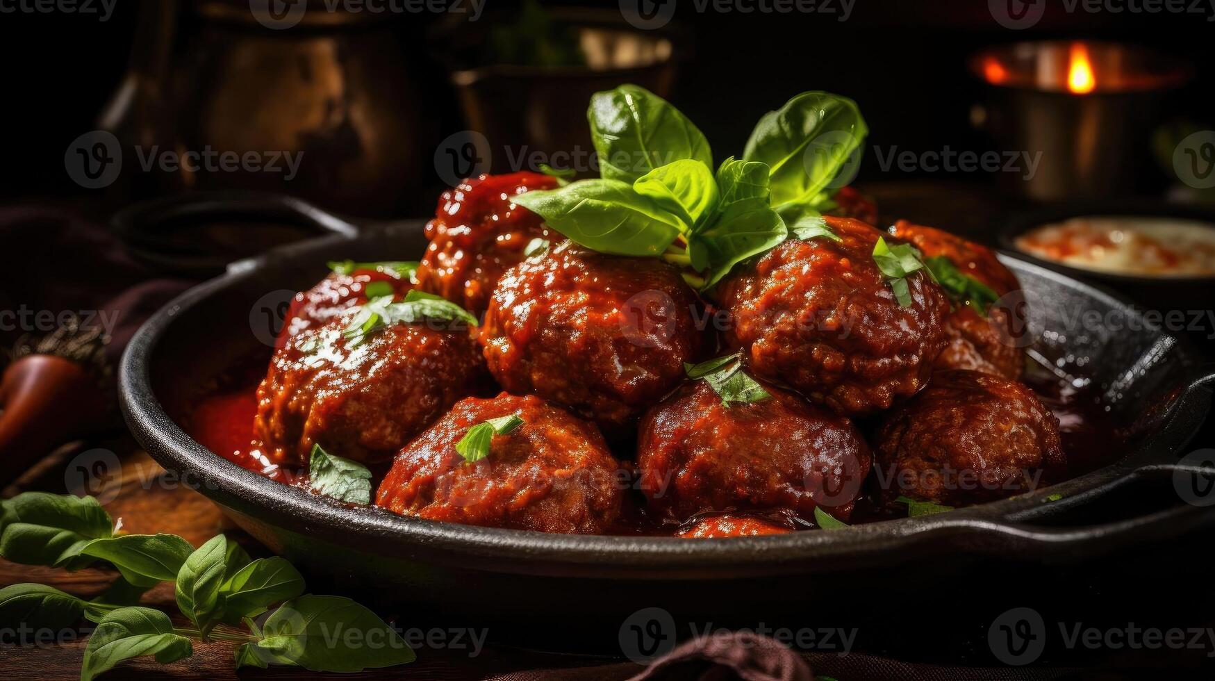 AI generated meatballs with melted tomato sauce on a bowl with a black background and blur, AI Genera photo