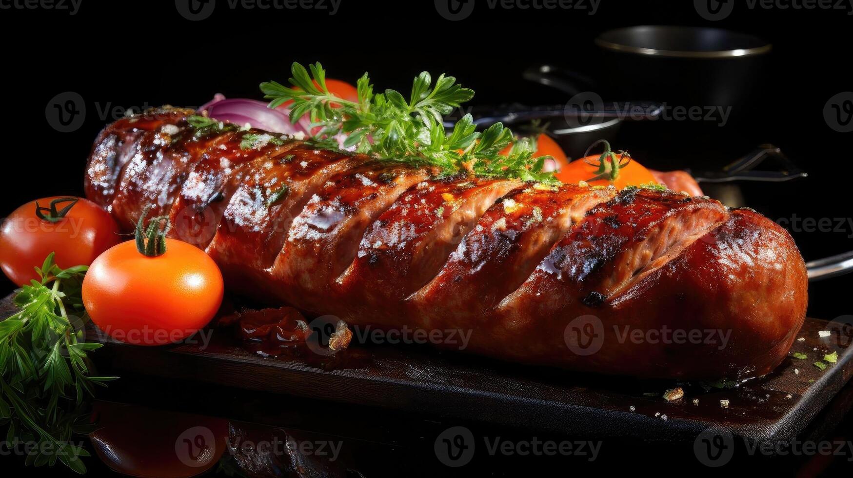 AI generated Grilled sausage with melted barbeque sauce on a black and blurry background, AI Generated photo