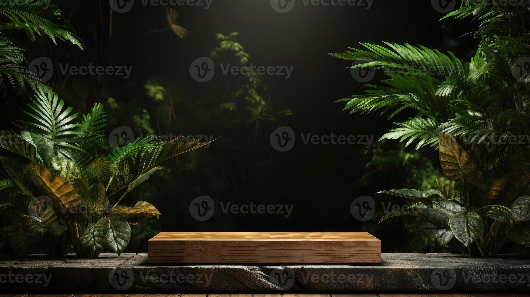 AI generated podium for product stand or display with plant background and cinematic light, AI Generated photo
