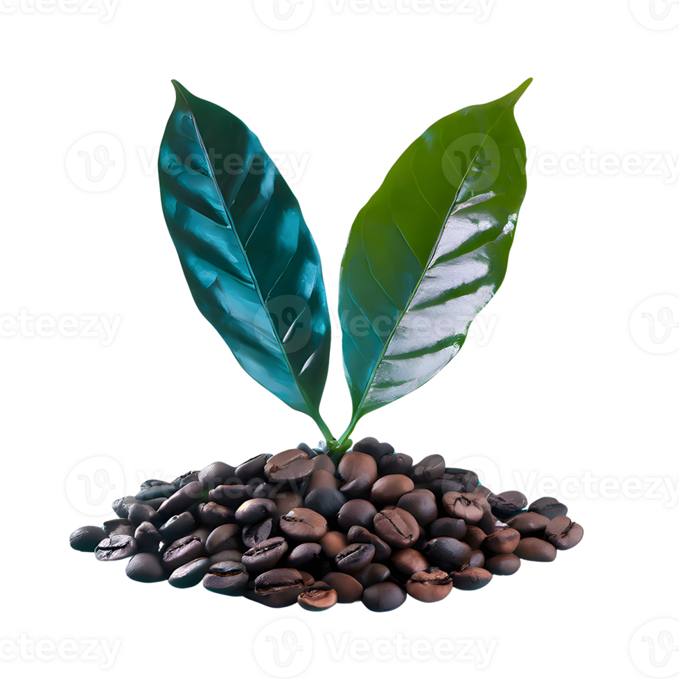 AI generated Coffee beans with leaves isolated on transparent background png