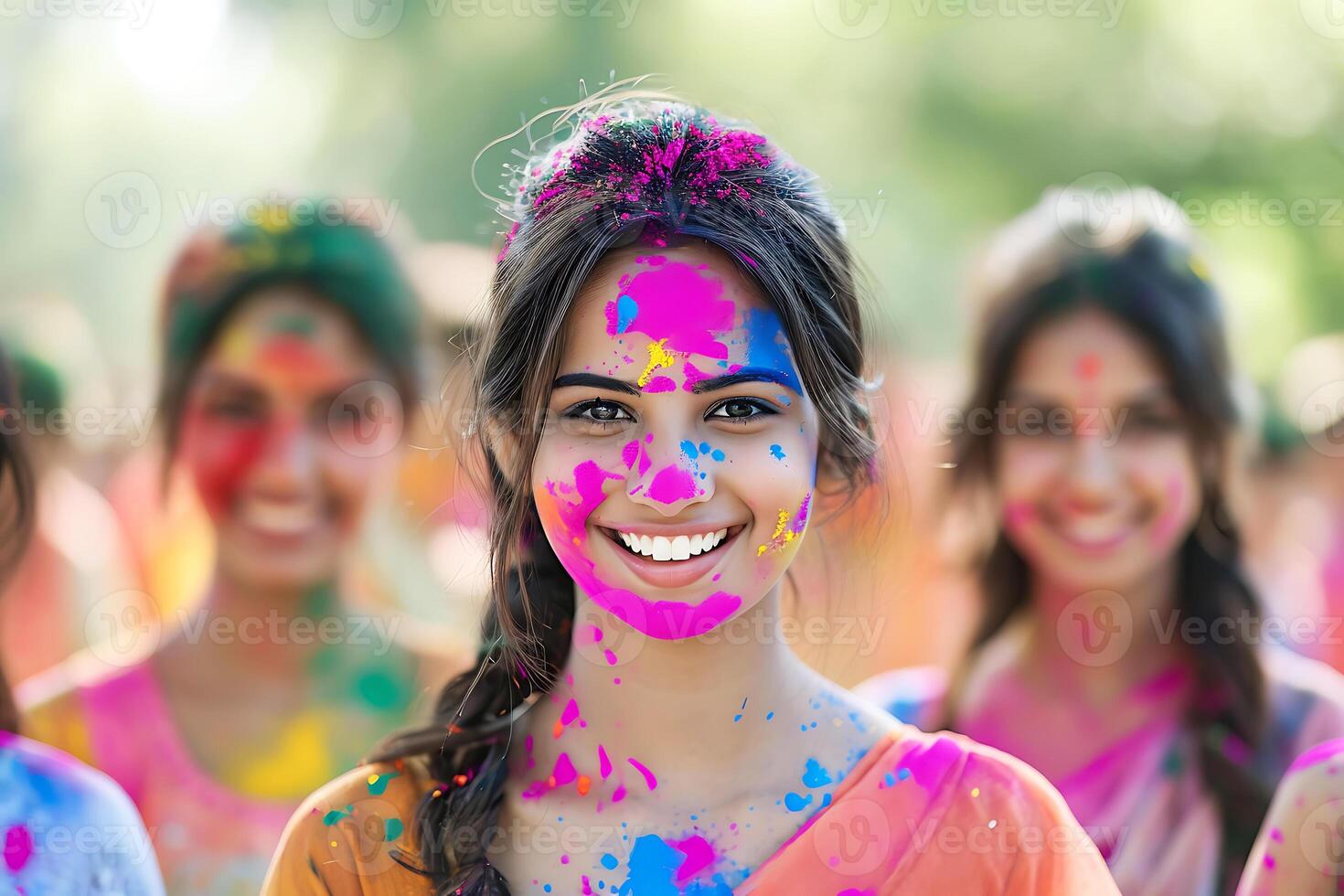 ai generado indio muchachas deleitando en holi celebracion foto