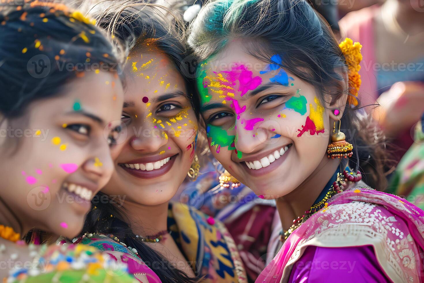 ai generado indio muchachas sonriente con holi colores. foto