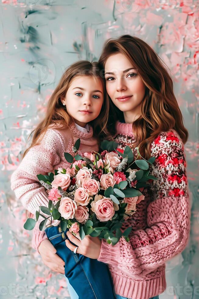 AI generated Mother and Daughter Embrace with Flowers photo