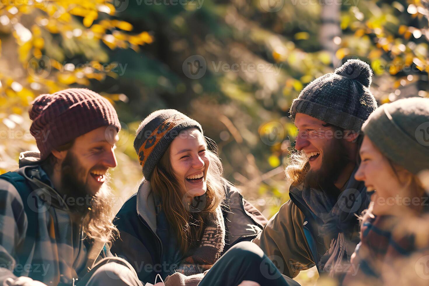 AI generated Male and female Friends Laughing while having a rest during hiking photo