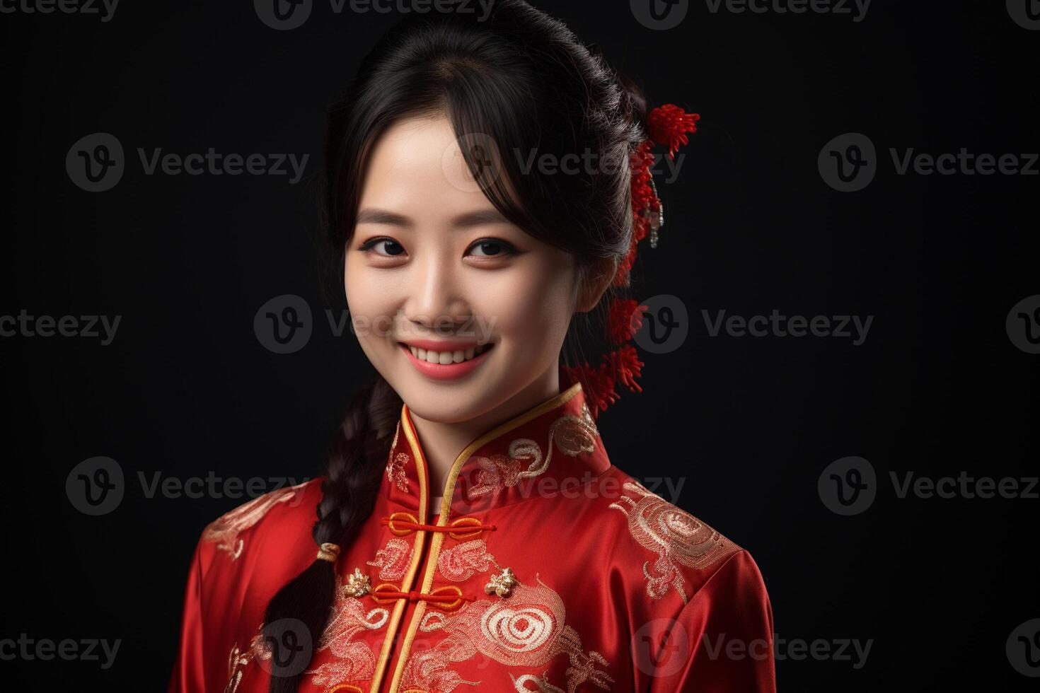 AI generated beautiful chinese woman wearing red traditional clothes with generative ai photo
