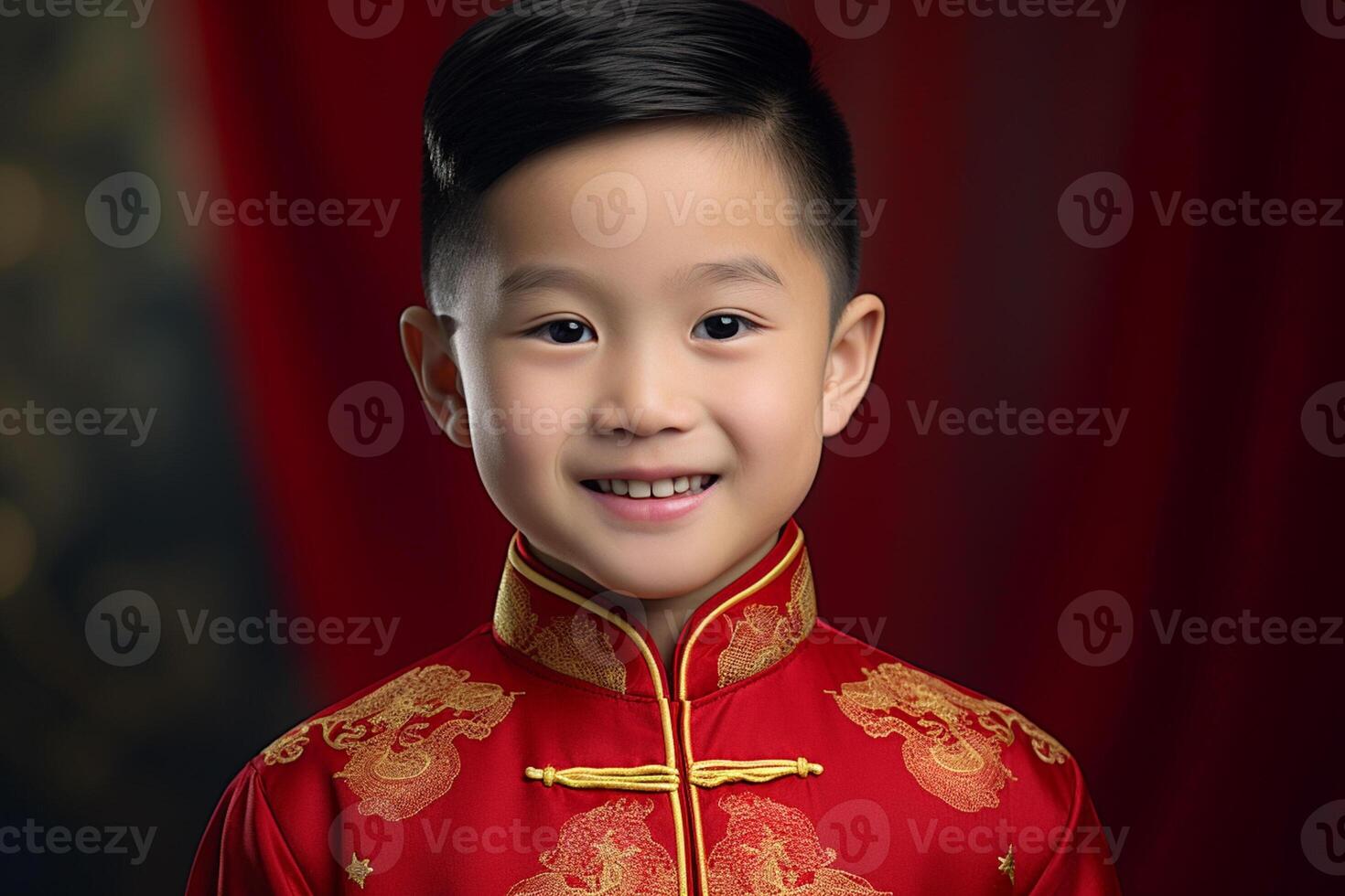 AI generated a young chinese boy wearing red chinese traditional clothes bokeh style background with generative ai photo