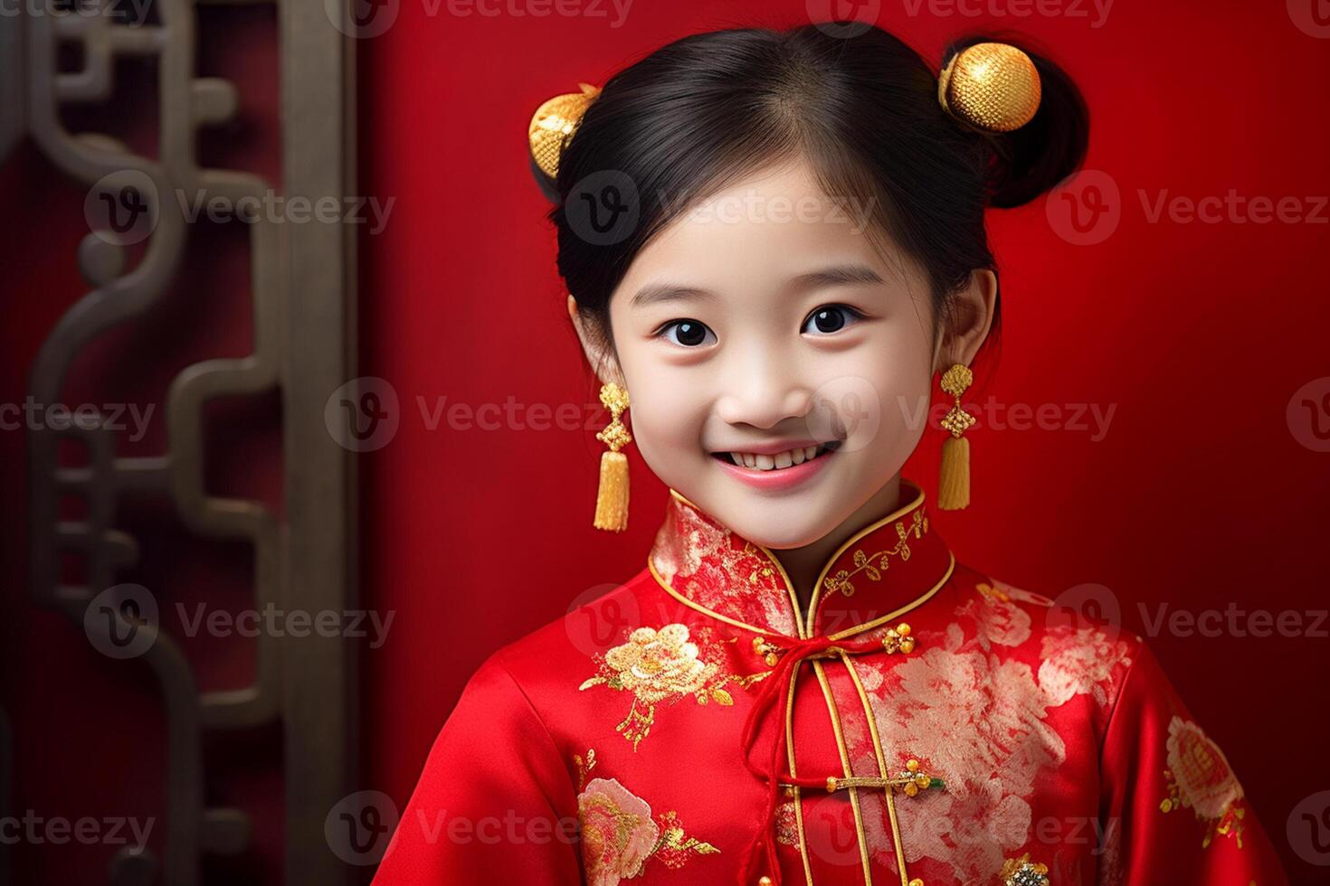 AI generated a young chinese girl wearing red chinese traditional dress with generative ai photo