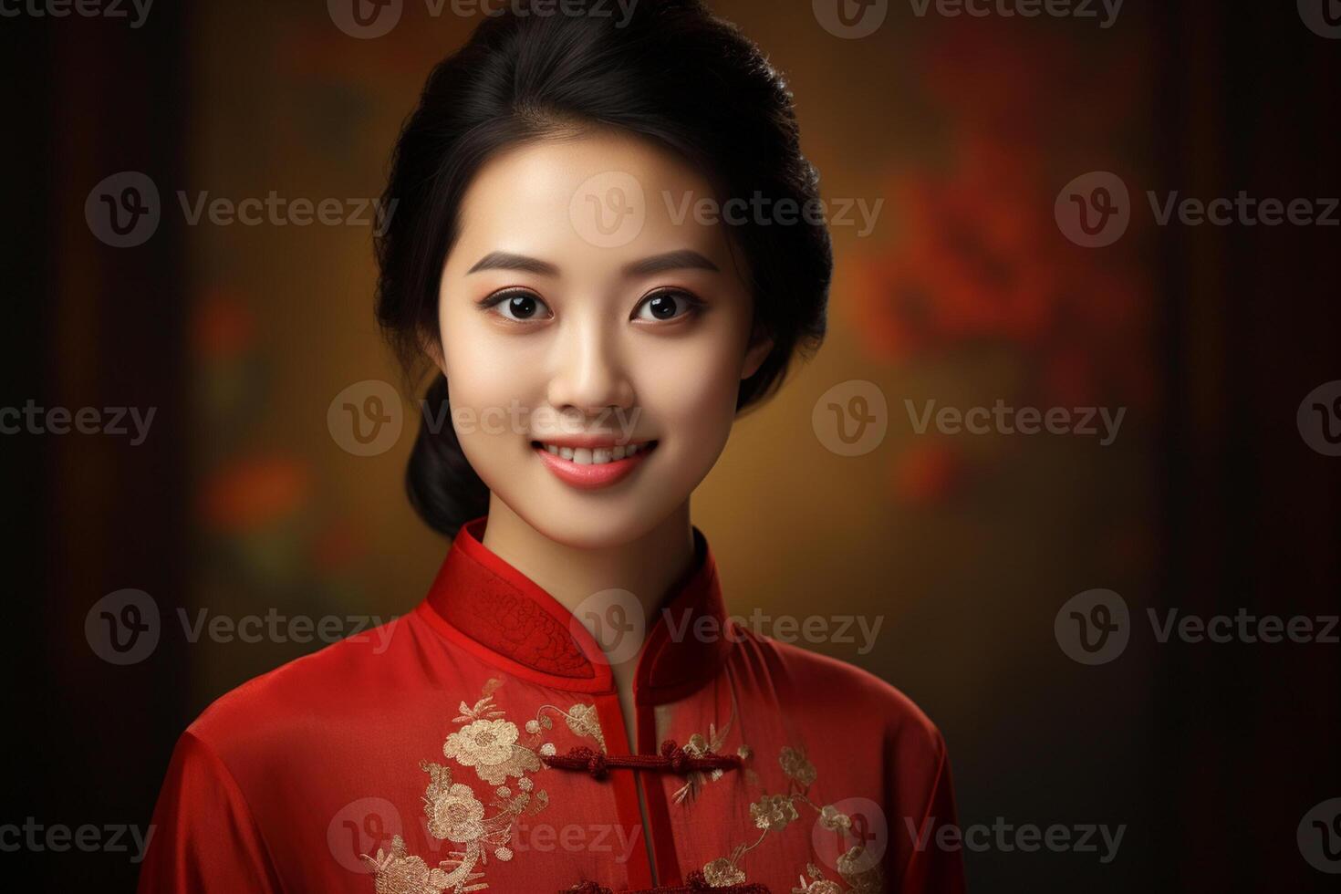 AI generated beautiful chinese woman wearing red traditional clothes bokeh style background with generative ai photo