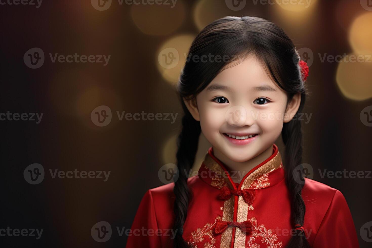 AI generated a young chinese girl wearing red chinese traditional dress bokeh style background with generative ai photo