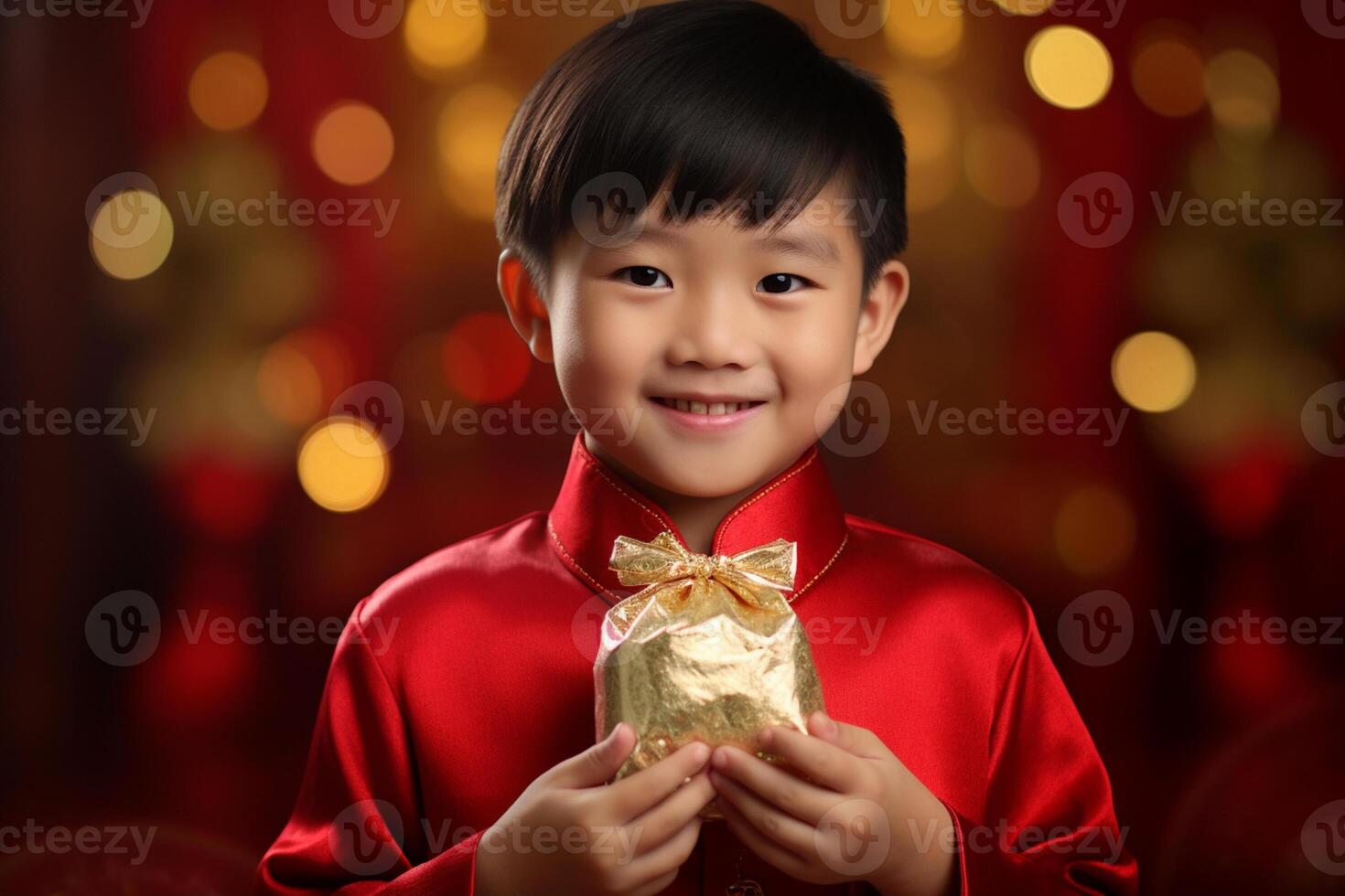 AI generated young handsome boy wearing traditional clothes and holding aungpao bokeh style background with generative ai photo