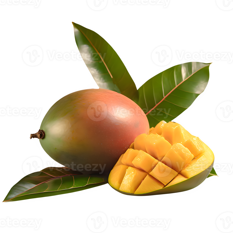 AI generated King of fruits, mango fruit and sliced with leaves isolated on transparent background png