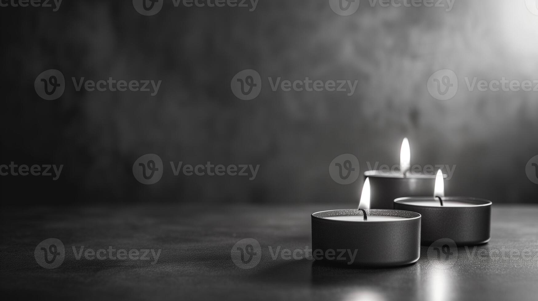 AI generated Minimalist Sympathy Condolences Grief card. Three burning candles on a muted light grey background. Copy space. photo