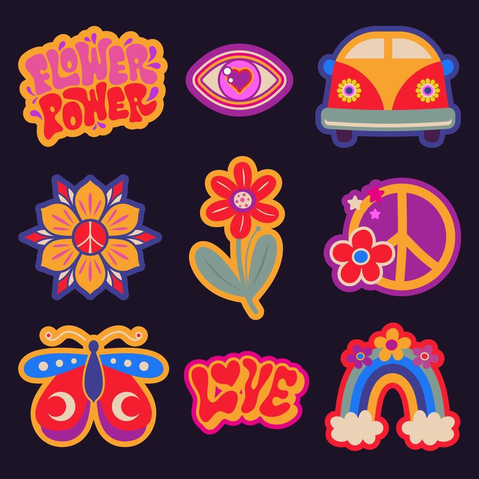 Groovy hippie stickers set vector