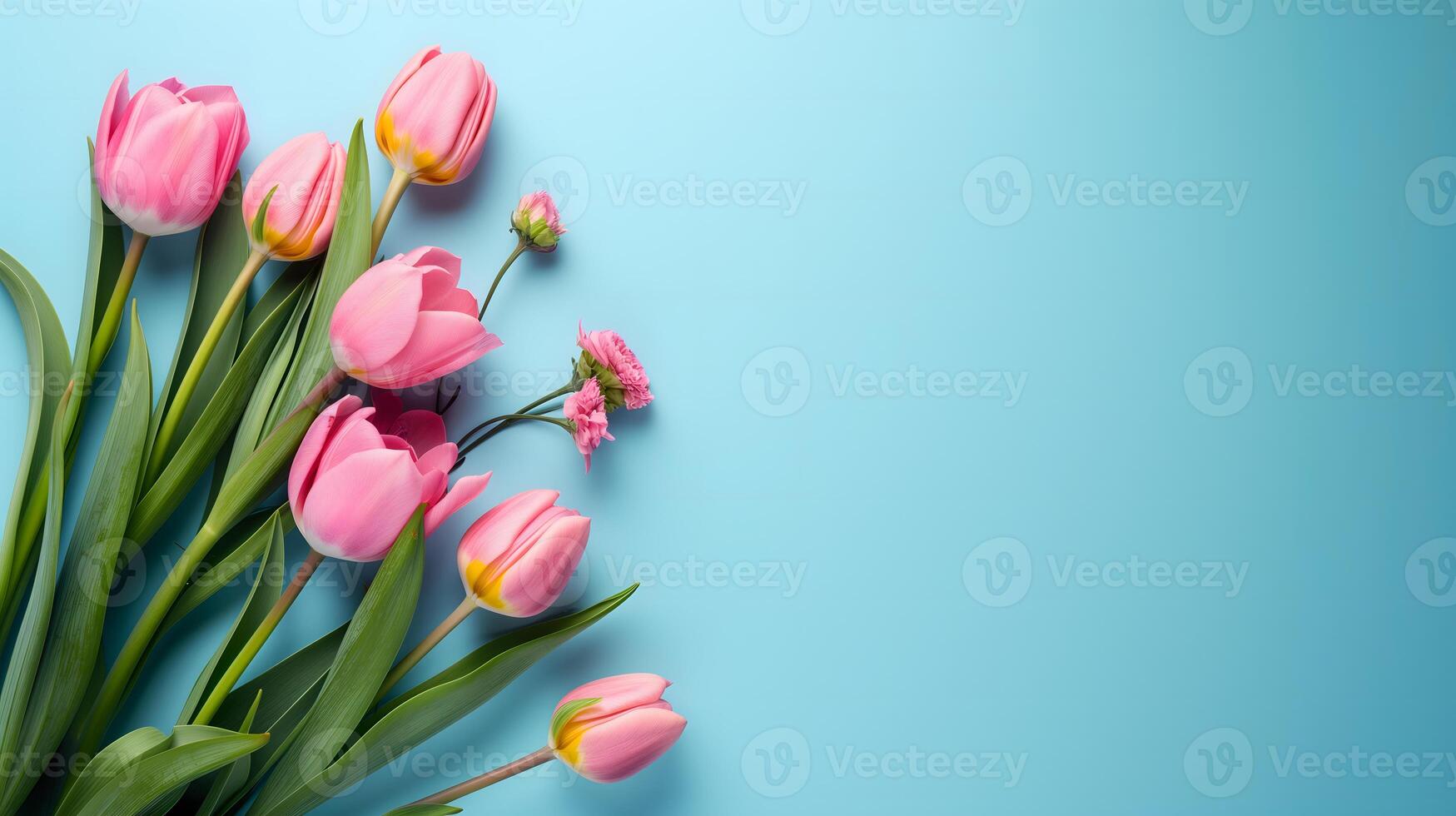 AI generated Floral spring background with bunch of pink tulips on light blue backdrop. Copy space. photo
