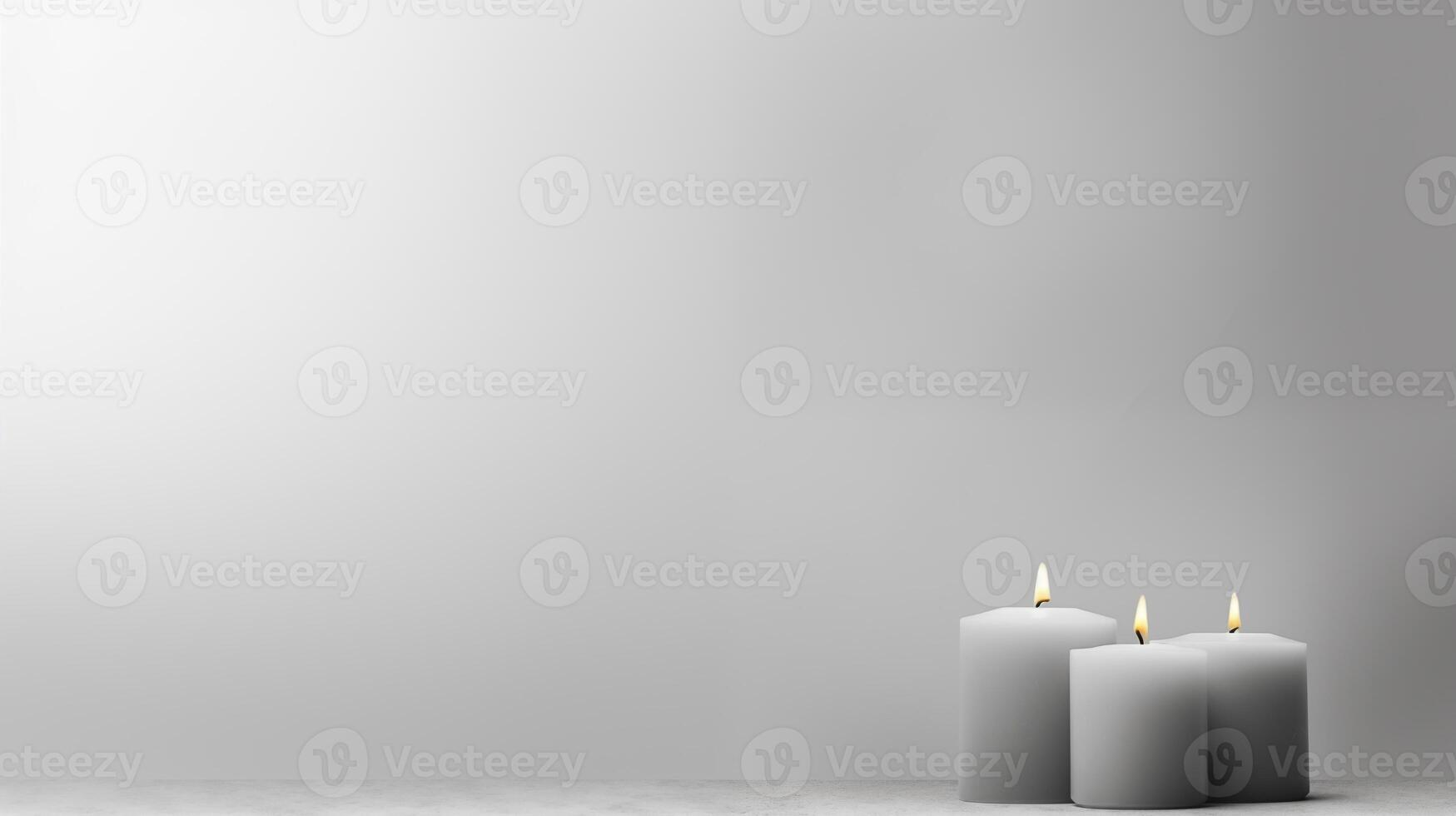 AI generated Minimalist Sympathy Condolences Grief card. Three burning candles on a muted light grey background. Copy space. photo