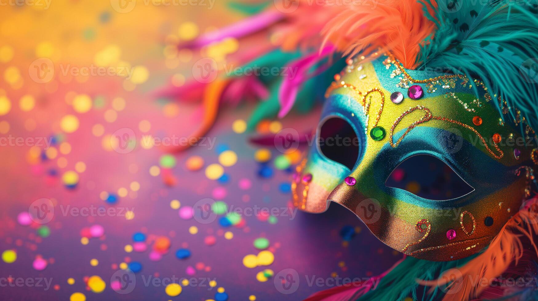 AI generated Mardi Gras background with copy space. bright banner with colorful mask, confetti, feathers. Carnival. Purim. photo