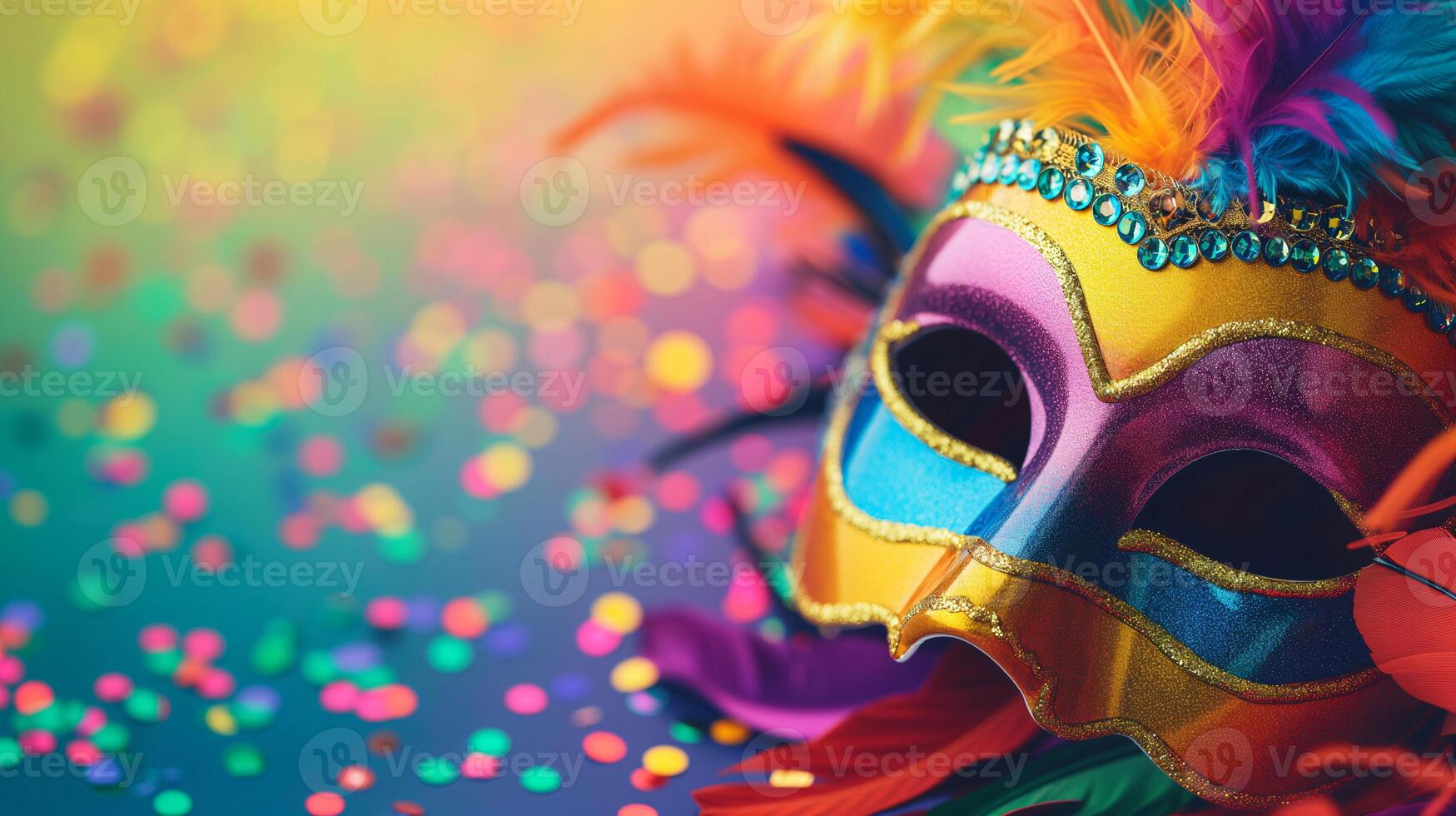 AI generated Mardi Gras background with copy space. bright banner with colorful mask, confetti, feathers. Carnival. Purim. photo