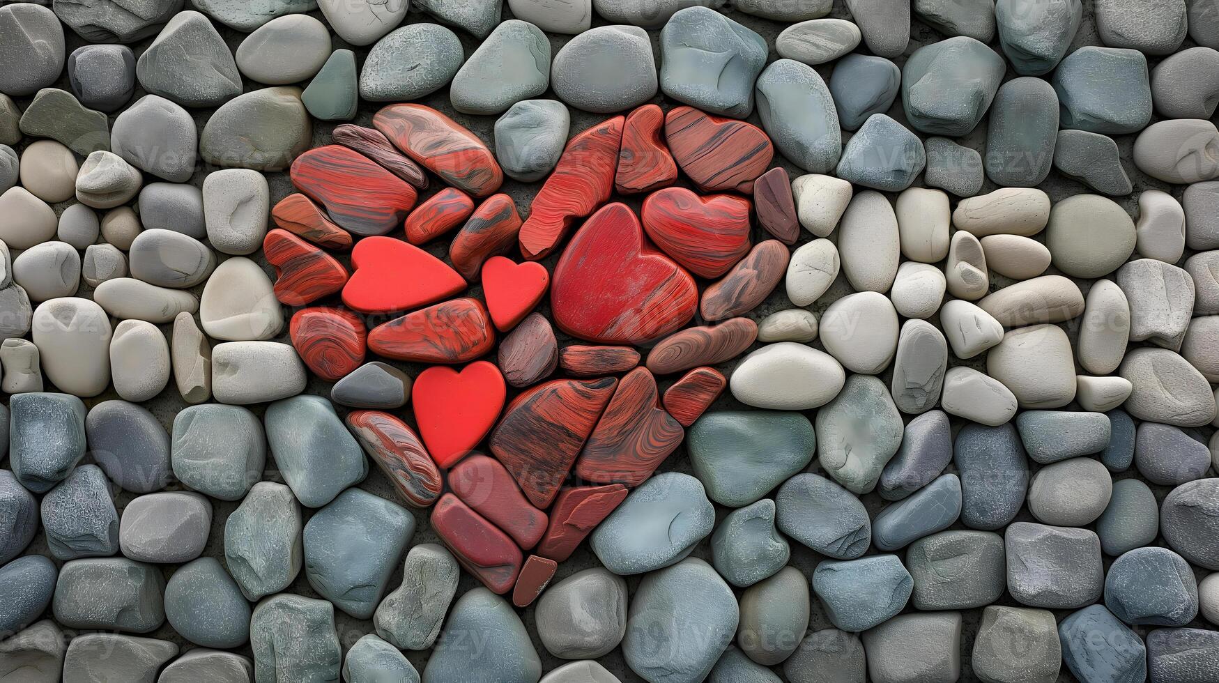 AI generated Heart made of different red pebbles surrounded with grey stones. Nature inspired design for Valentines day.. photo