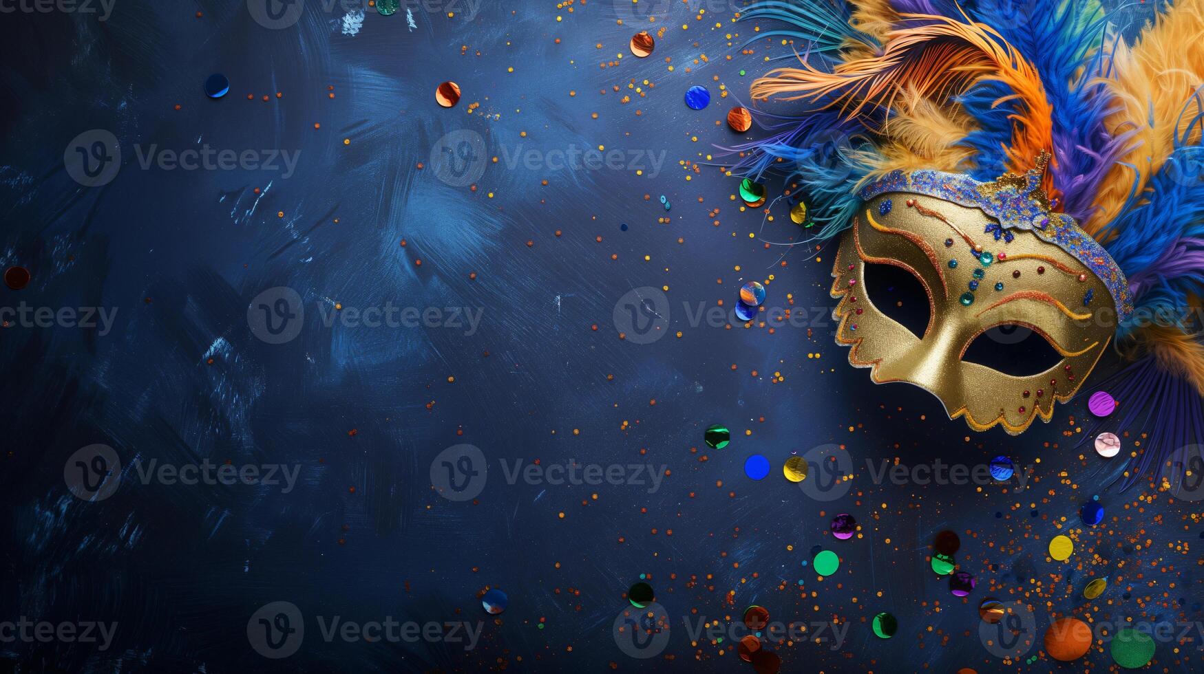 AI generated Mardi Gras background with empty copy space. banner with mask, confetti, feathers on blue backdrop. Carnival. Purim. photo