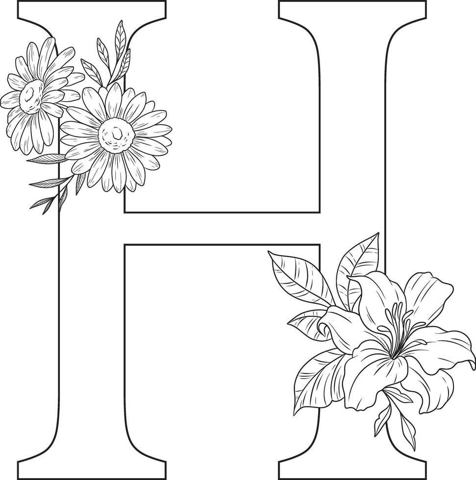 Floral alphabet letter h with hand drawn flowers and leaves for wedding invitation greeting card vector