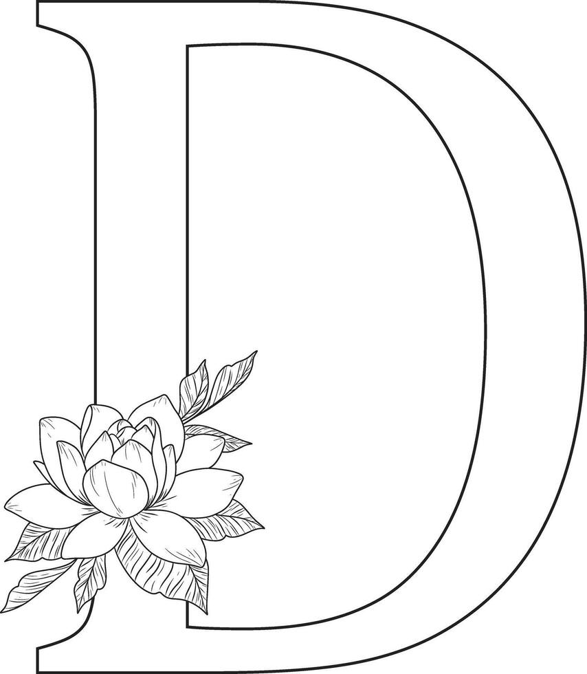 Floral alphabet letter d with hand drawn flowers and leaves for wedding invitation greeting card vector