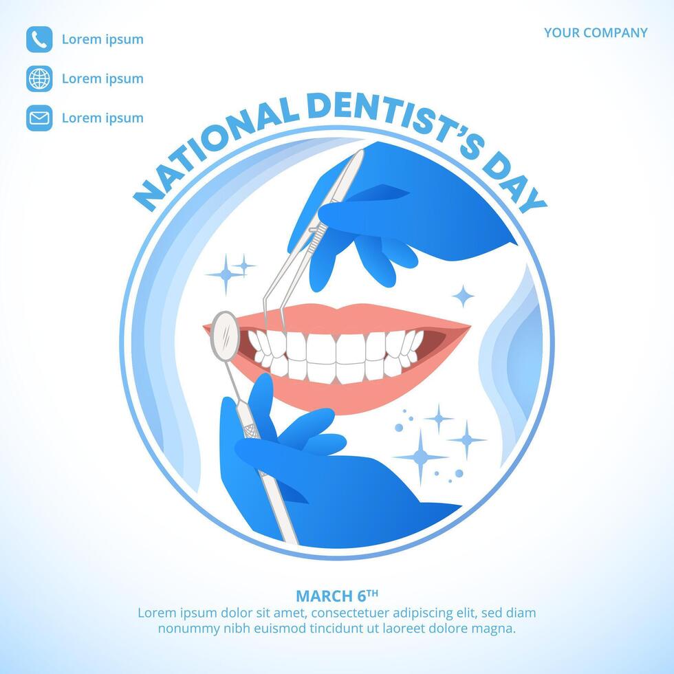 Square National Dentist's Day background with dentist's hands and tools vector